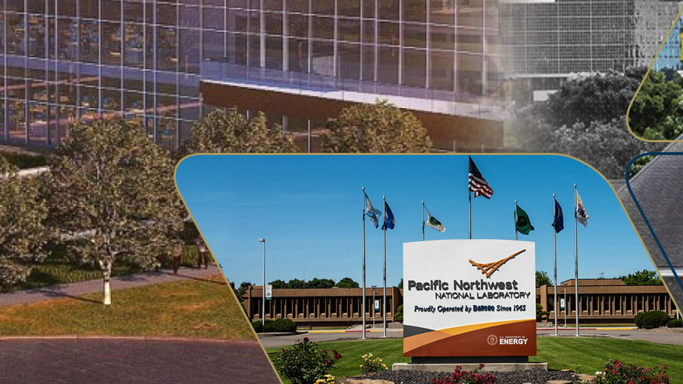 collage image of georgia tech campus and the building sign of Pacific Northwest National Laboratory